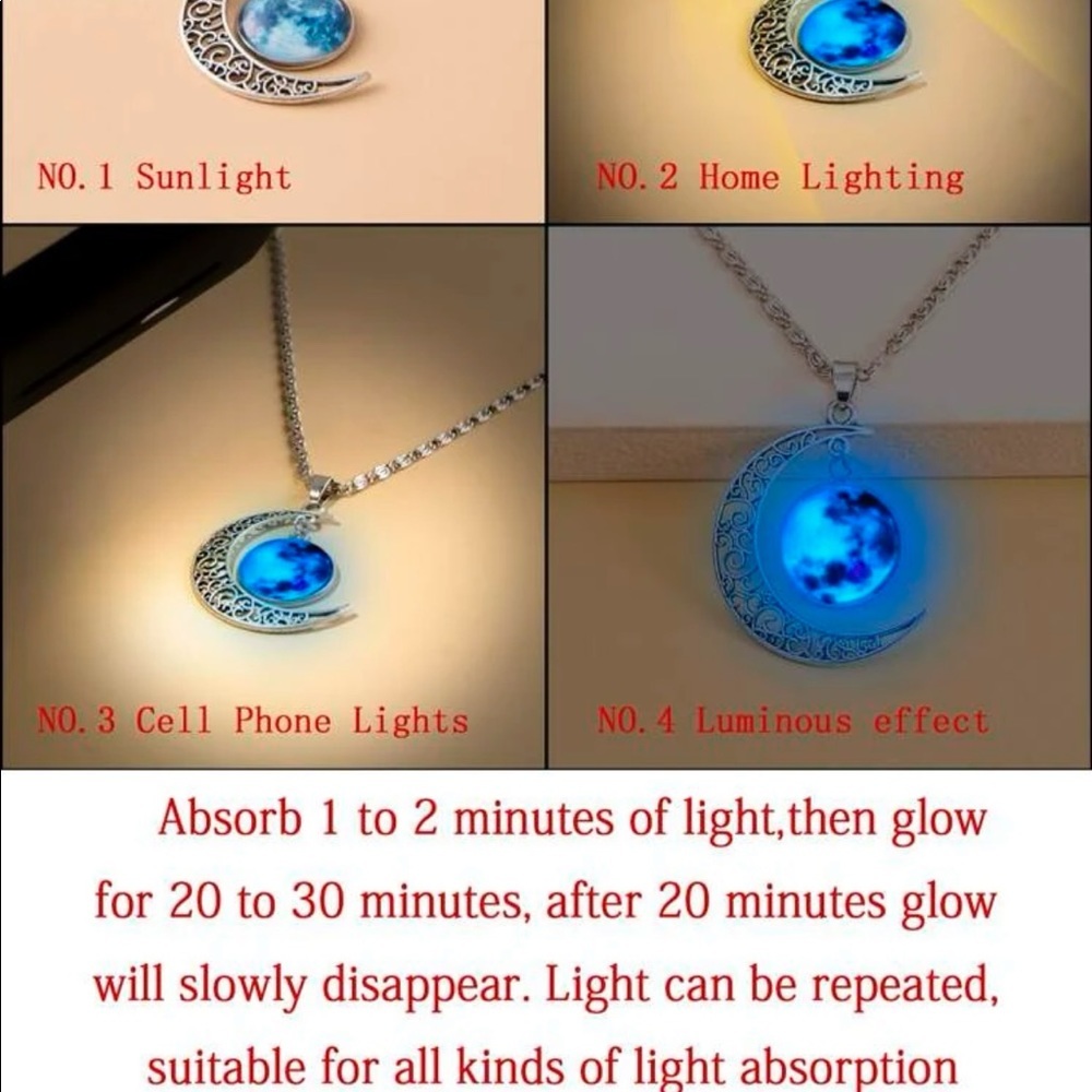 3/$30 Silver Glow In The Dark Moon Necklace - Picture 3 of 3